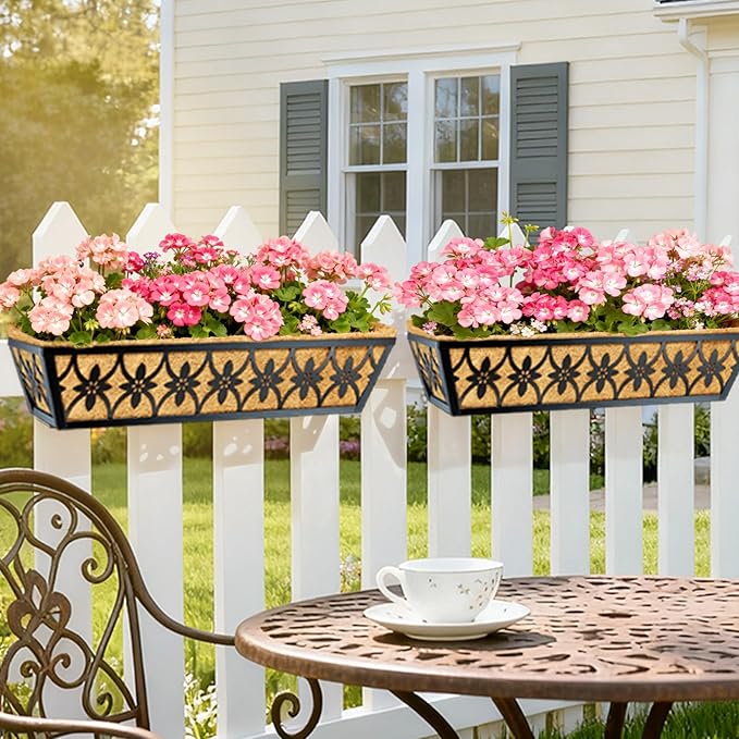 24 Inch Window Boxes Planters Railing Planter Box - 4 Pack Deck Railing Planter Boxes with Adjustable Brackets Coco Liners Balcony Planters Railing Hanging for Window Flower Boxes Outdoor Garden Decor