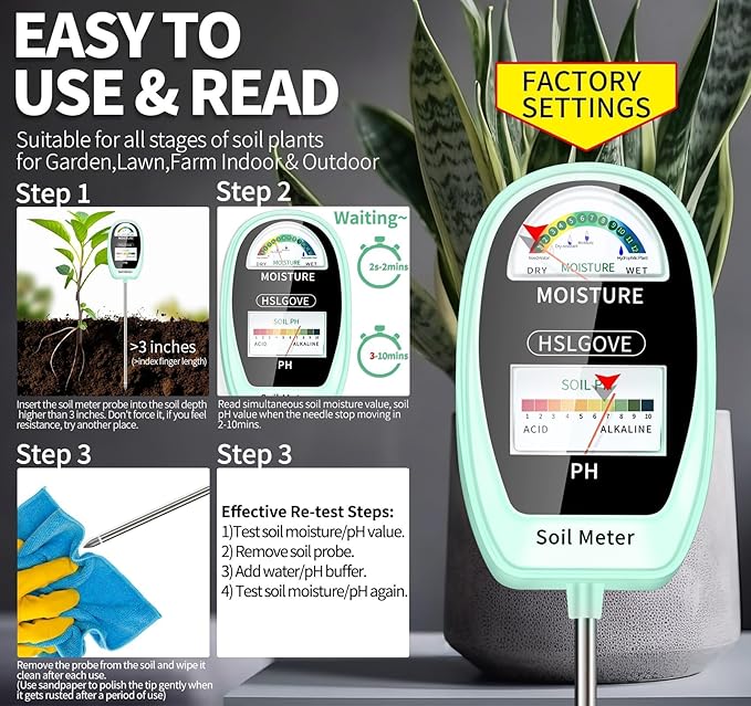 HSLGOVE Soil Test Kit, 2-in-1 Soil Moisture Meter/Soil PH Meter, Dual Screen Soil Tester, Soil Moisture Meter for Plants Watering/Gardening for Lawn,Farm Indoor&Outdoor Use-Soft Green