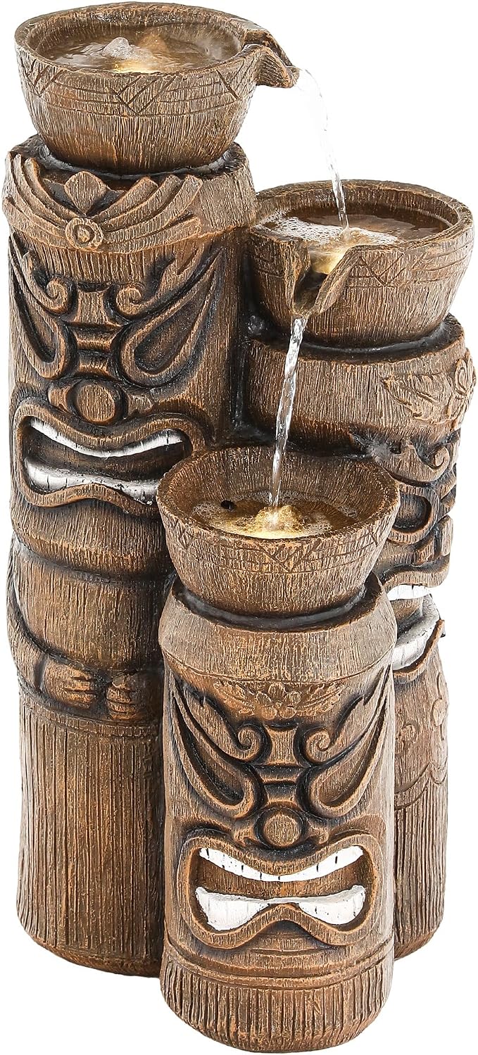 31" Outdoor Fountain, 3-Tier Tiki Head Bowl Water Feature with LED Lights, Tropical Resin Soothing Cascading Waterfall for Patio, Backyard, Garden or Porch