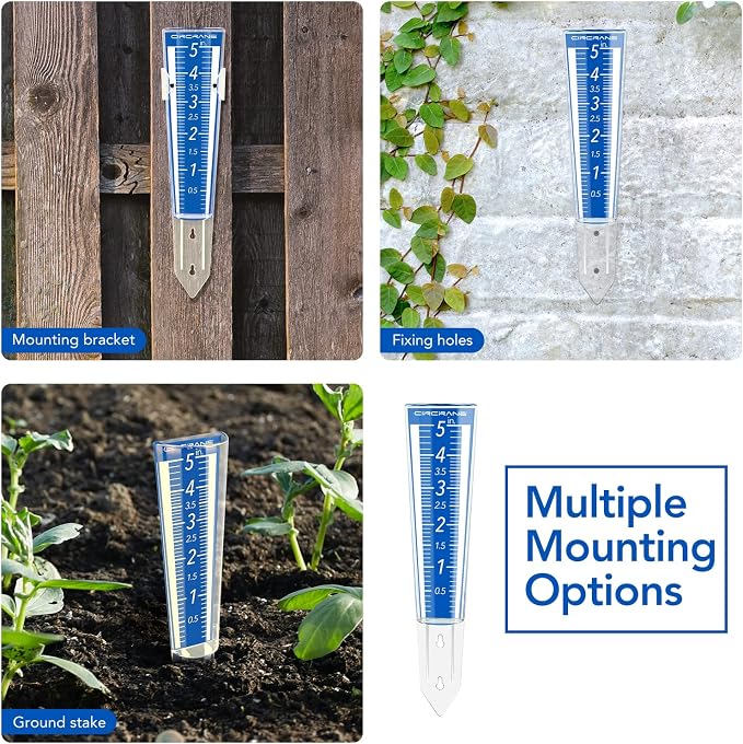 Circrane 5-Inch Capacity Outdoor Rain Gauge with Additional Hang Bracket& Stainless Steel Screws, Magnifying Scale and Numbers Design for Easy Read (Blue)