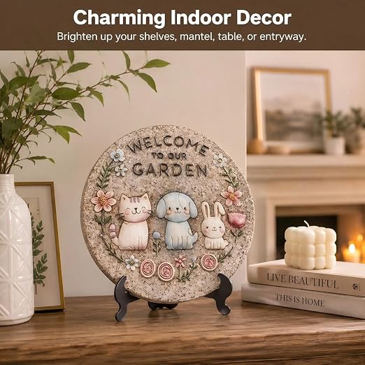 Garden Stepping Stones Outdoor, 9.8" Resin Pet Cat Dog Bunny Stepping Stone for Walkway Gardening Gifts, Spring Decorative Round Welcome to Our Garden Home Decor for Outside Yard Patio Lawn