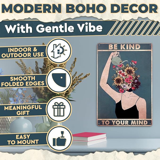 Be Kind to Your Mind Wall Art - Metal Signs Vintage Room Decor 12x8 In - Tin Inspirational Boho Wall Art, Whimsical Decor for Home, Office, Bedroom, Living Room & Cafes | Vintage Gifts for Women