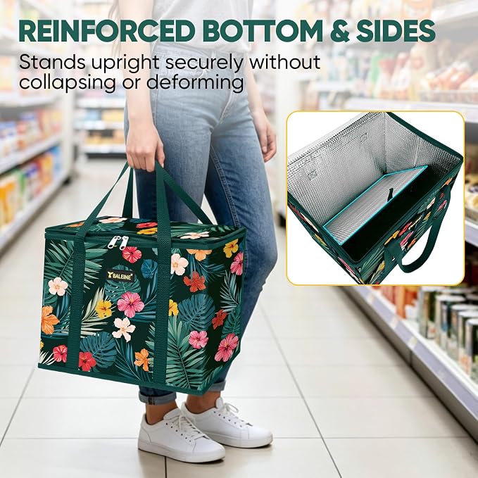 BALEINE 3Pk Insulated Reusable Grocery Bags, Foldable Shopping Bags for Groceries with Reinforced Bottom & Handles (Blossom Season)