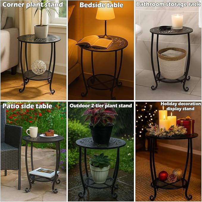 2-Tier Metal Round Side Table Black Accent Coffee Tables Small Space Corner Plant Stand Shelf for Indoor Outdoor Porch Patio Balcony Living Room End Table with Storage, Rust-Proof