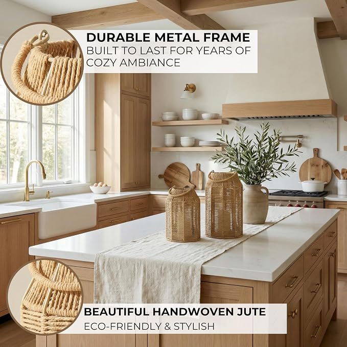 Natural Jute Boho Lanterns - Handcrafted Coffee Table Decor to Enhance Your Home - Modern Decorative Farmhouse Beauty for Living Room, Patio & Front Porch, Indoor and Outdoor or Kitchen Dining Table