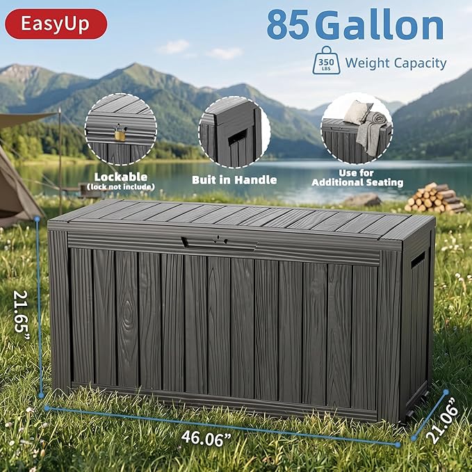 EasyUp 85 Gallon Outdoor Storage Box, Resin Waterproof UV-Resistant Deck Box, Reinforced Stability for Patio, Garden, and Poolside, Striped Black