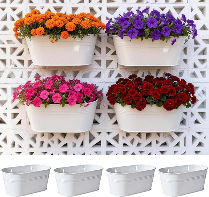 LaLaGreen Wall Planter (11.8 Inch, 4 Pack) White Metal Wall Hanging Decor for Indoor Planter Flower Pot Holder Porch Balcony Decoration Window Boxes Planters Pots Plant Planters Garden Yard Home Fence