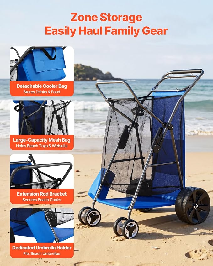 VEVOR Beach Cart, 165LBS Load Capacity, Portable Folding Beach Wagon Dolly with 10" Solid Wheel for Sand, Insulated Cooler Bag, Large Mesh Bag&Umbrella Holder for Outdoor Camping Fishing