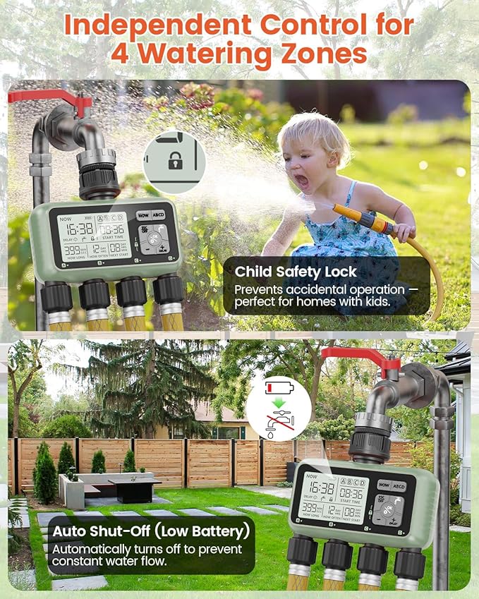 Sprinkler Timer 4 Zone Water Timer for Garden Hose Programmable Outdoor Hose Faucet Controller with Rain Delay Manual and Automatic Irrigation Controller System Low Battery Warning for Lawn Yard