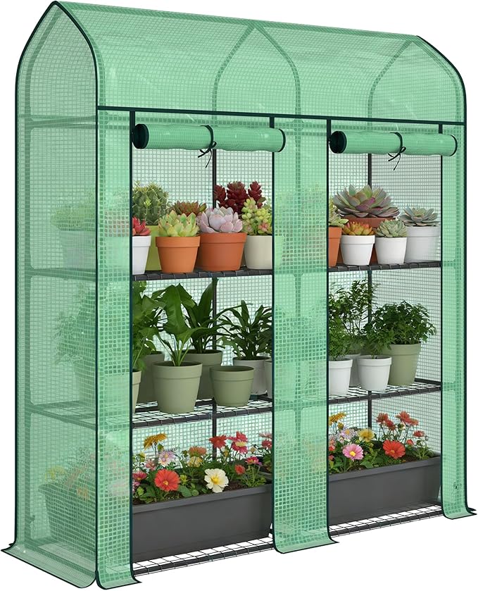 Outsunny 3 Tier Mini Greenhouse, 56.3" x 18.1" x 65" Small Portable Greenhouse with 2 Roll-up Doors, Garden Plant Growhouse with PE Cover for Indoor Outdoor, Green