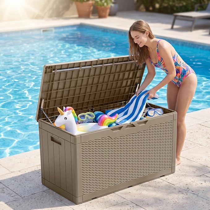 JUMMICO 100 Gallon Resin Deck Box with Cushion, Waterproof Outdoor Storage Box with Lockable Lid for Garden Tools, Patio Cushions (Light Brown)