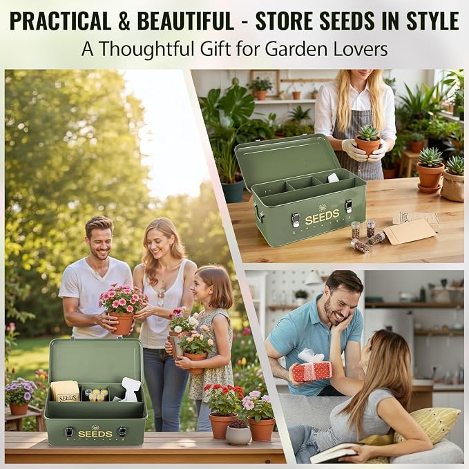 Metal Seed Storage Box with Safety Locks, Large 4-Compartment Seed Organizer Kit with 30 Envelopes, 30 Plant Labels & 5 Plastic Bottles1 Mark Pen, Lockable Seed Saving Bin for Gardeners
