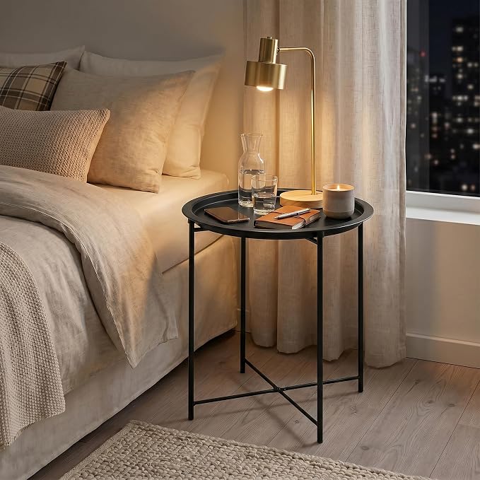 VECELO Side/End Table, Folding Round Metal Anti-Rust and Waterproof Outdoor or Indoor Tray for Living Room Bedroom Balcony and Office, 1 PCS, Black