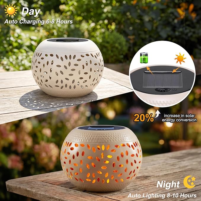 Solar Table Lantern Outdoor Waterproof- Dancing Flickering Flame Solar Powered LED Light,White Metal Desktop Decorative Lamp for Gifts for Women Mom,Desk Patio Garden Yard