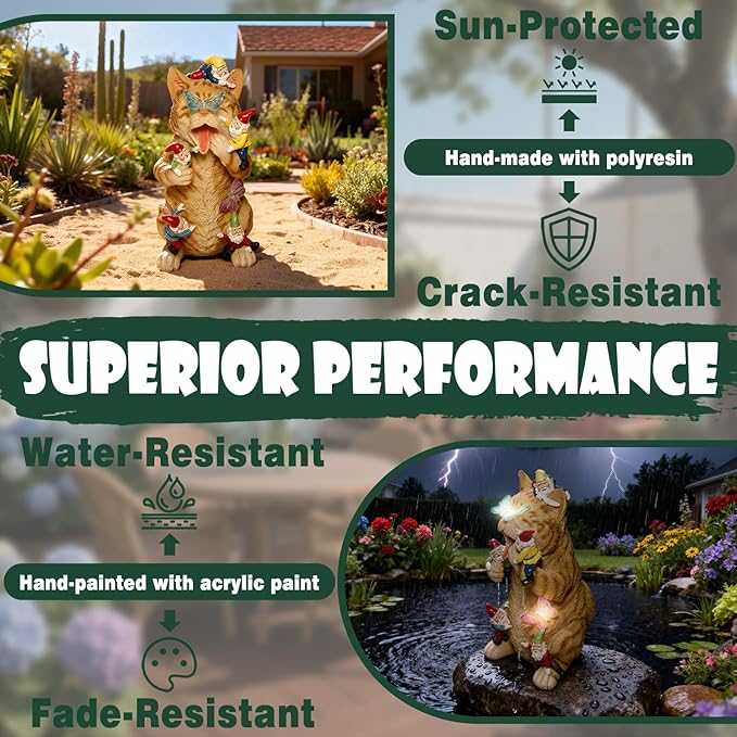 Funny Garden Gnomes Decorations for Yard Statue with Solar Lights Outdoor Cat Sculpture Decor