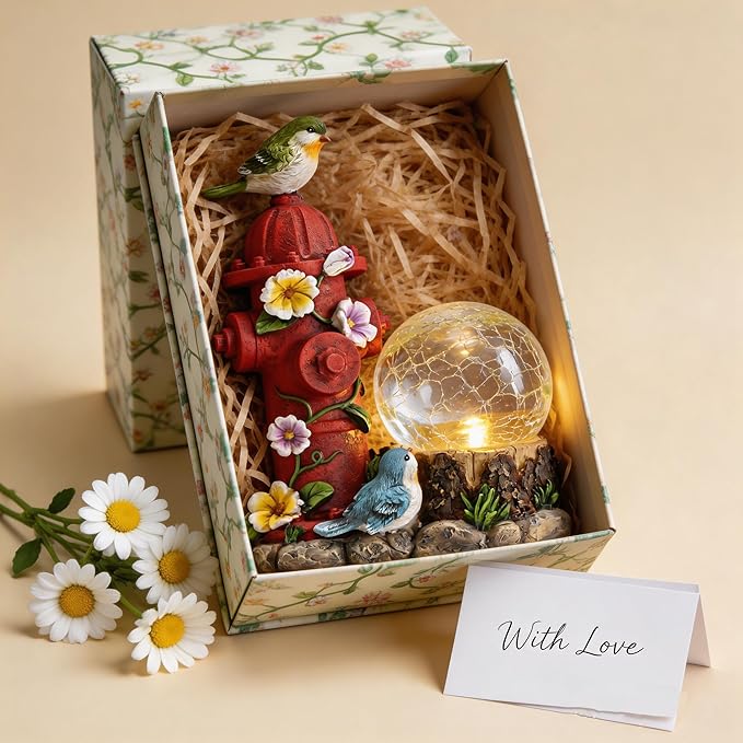 TERESA'S COLLECTIONS Garden Decor, Cute Birds and Hydrant Garden Statue with Solar Light Glass Ball, Waterproof Resin Outdoor Statue, Cute Bird Decor, Garden Gift for Women Mom, Indoor/Outdoor