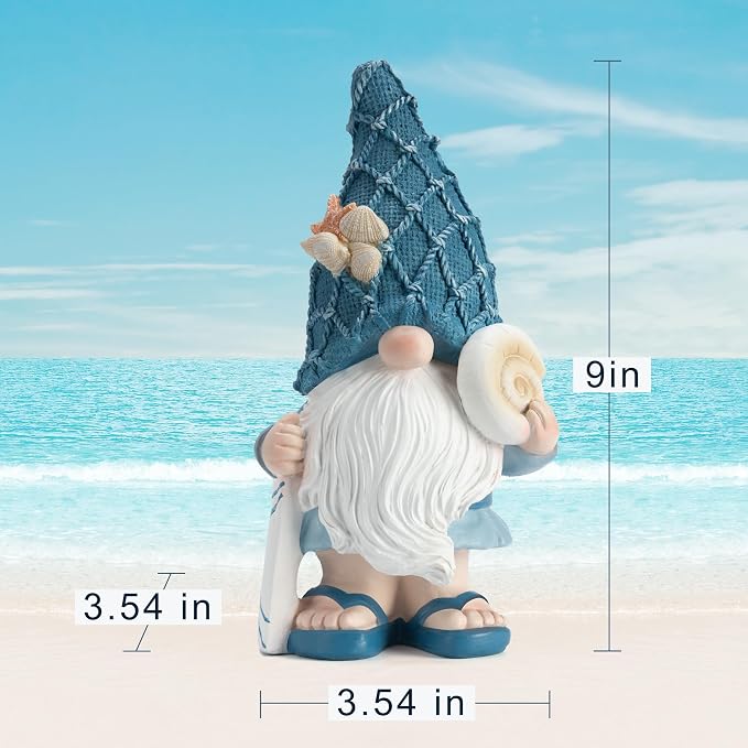 Etlemonde Beach Gnomes Statues, Ocean Gnomes, Nautical Themes Decoration, Resin Gnome Holding a Surfboard, 8.6 Inches