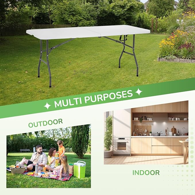 PayLessHere | 6FT Folding Table | Portable Plastic Table with Carry Handle | Waterproof & Foldable Table Design | Steel Frame with Lock | White | for Events, Camping, Indoor & Outdoor Use