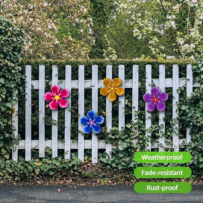 Giyyomtr Flowers Outdoor Wall Decor - 4 Pack 6.2'' Metal Flower Wall Art Hanging Decorations for Outdoor Fence Garden Yard Patio Exterior Decor