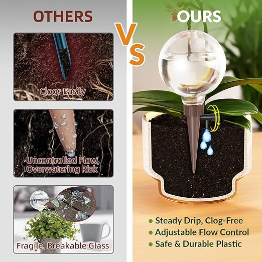 NiHome Plant Self-Watering Globes for Busy Individuals & Travelers, Long-Lasting Moisture Consistent Dripper Spike for Indoor Plants, Adjustable Flow Valve Easy to Refill & Maintain (4-Pack)