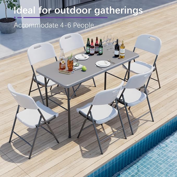 VECELO Folding Table 4 Foot with Mesh Bag, Indoor Outdoor Heavy-Duty Portable w/Handle,Fold-in-Half for Picnic, Party, Camping, Light Grey