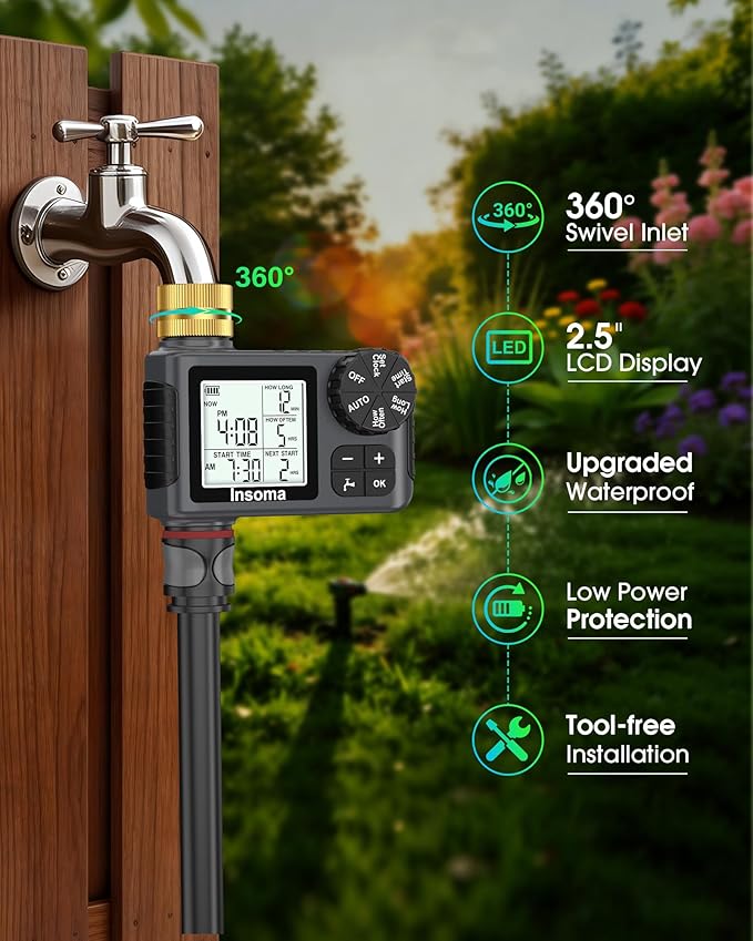 Water Timer for Garden Hose with Brass Inlet, 1 Outlet Sprinkler Timer with Auto/Manual/Rain Delay Mode, Large LCD Display, Easy Programming Hose Timers for Lawn Garden Yard Vacation Watering