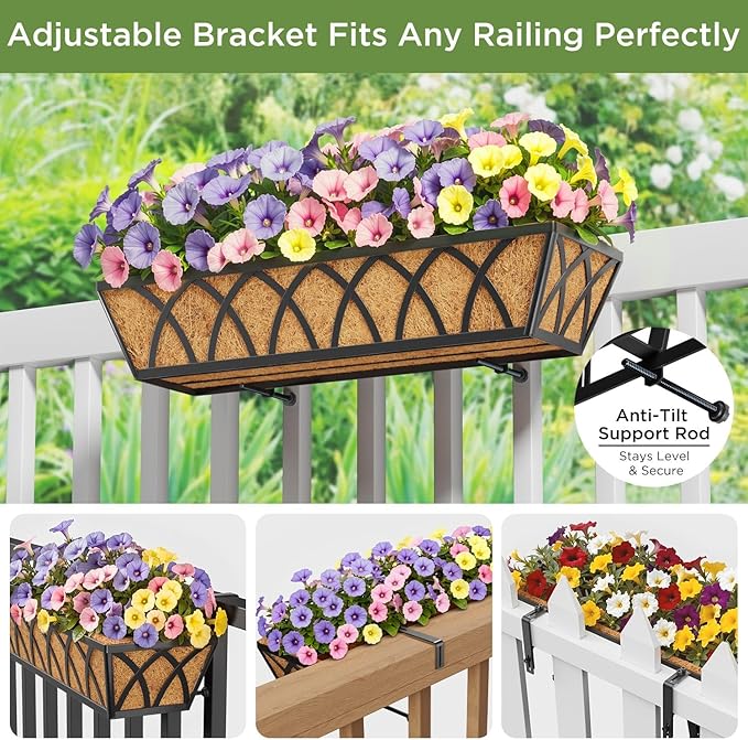 HFHOME 24 inch Railing Planter Box with Coco Liner, 24" Dia Window Box Trough with Coconut Coir Liners, Black Metal Hanging Flower Planter Basket for Indoor Outdoor Lawn - Set of 4