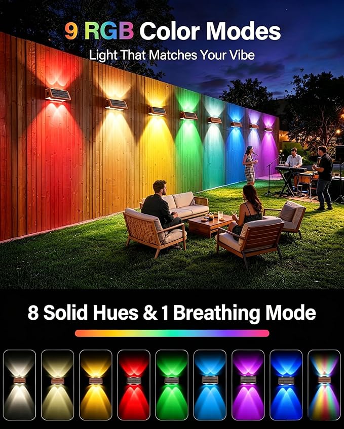 Solar Fence Lights Outdoor, 2 Pack 100LM Fence Lights Solar Powered, 9 Color Modes, Up and Down LED Focused Beam, 12H Dusk to Dawn Glow for Pool/Patio/Wall/Backyard - Matte Brown