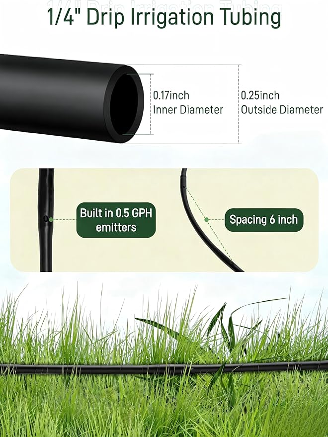1/4" Drip Irrigation Tubing with 6" Emitter Spacing, (650 Ft Roll) Hydroponics Dripline with Built-in 0.5 GPH Dripper, Saving 80% Water, Drip Line for Greenhouses and Dense Planting Areas (Black)