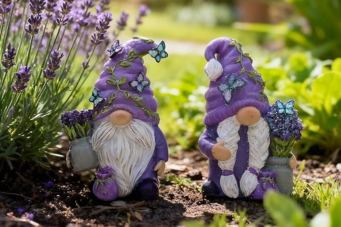 Hodao 2Pcs Purple Lavender Butterfly Gnome Figurine Set for Yard, Lawn, Patio, Porch - Weatherproof Resin Garden Decoration - Outdoor Decor & Unique Gnome Gift for Women
