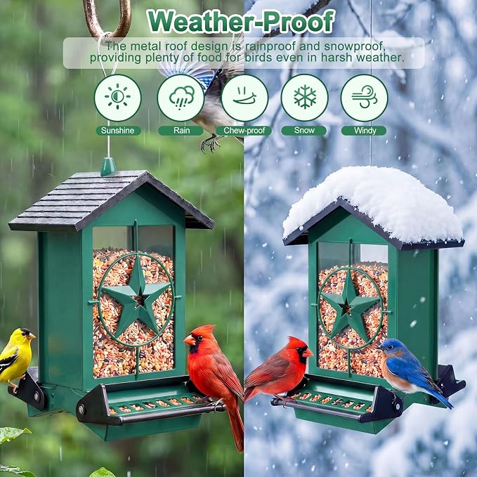 Squirrel Proof Bird Feeders for Outdoors with Weight-Activated, Metal 5LB Large Wild Bird Feeders for Cardinals,Blue Jay,Finch, Weatherproof Durable Hanging Bird Feeder for Backyard,Garden (Green)