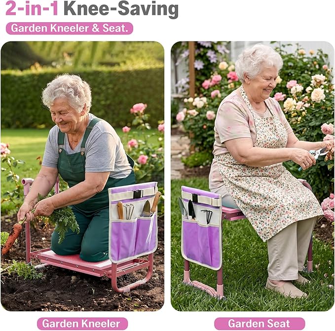 Garden Kneeler and Seat Heavy Duty, Foldable Gardening Stool Bench with Widened Thick Soft Kneeling Pad and Tool Pouches - 2-in-1 Portable Kneeling Device for Seniors (Purple)