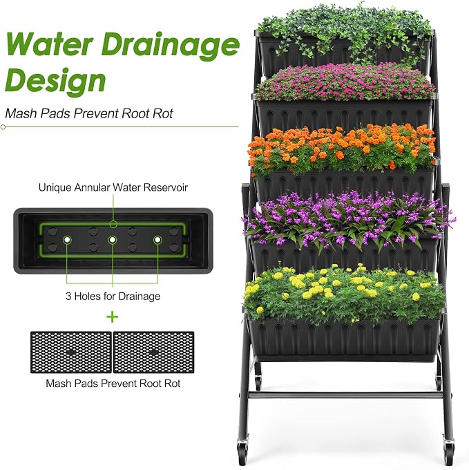Homdox 4FT Vertical Garden Bed, 5 Tiers Raised Garden Planter, 25.6 * 26 * 48Inch with 4 Hooks & 4 Wheels, Vegetable Flower Stand for Garden Patio Yard, Black