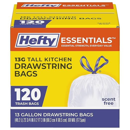 Hefty Essentials Drawstring 13 Gallon Kitchen Trash Bags, 120 Count, Tall Unscented Trash Bags for Kitchens, Home Offices, or Laundry Rooms, Easy to Tie, Lift, and Carry, White