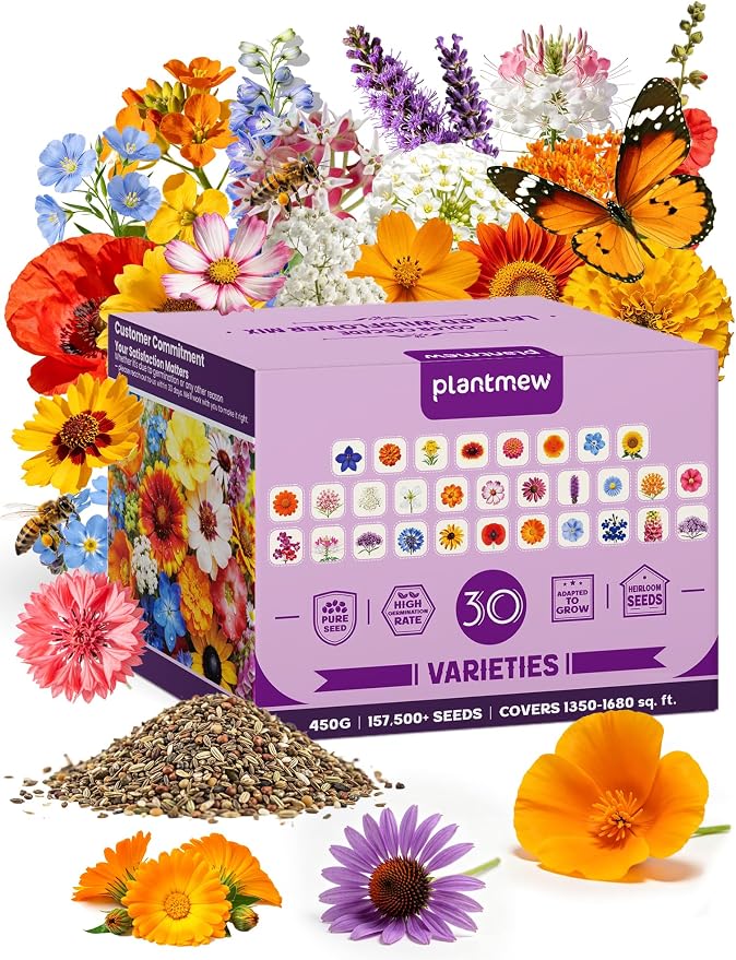 Wild Flower Seeds Throw and Grow, Wildflower Seeds Perennial Flower Seeds to Plant Outside – Color Cascade 30 Heirloom Varieties Mix, 157,500+ Seeds (1LB) Covers 1350-1680 sq.ft., High Germination