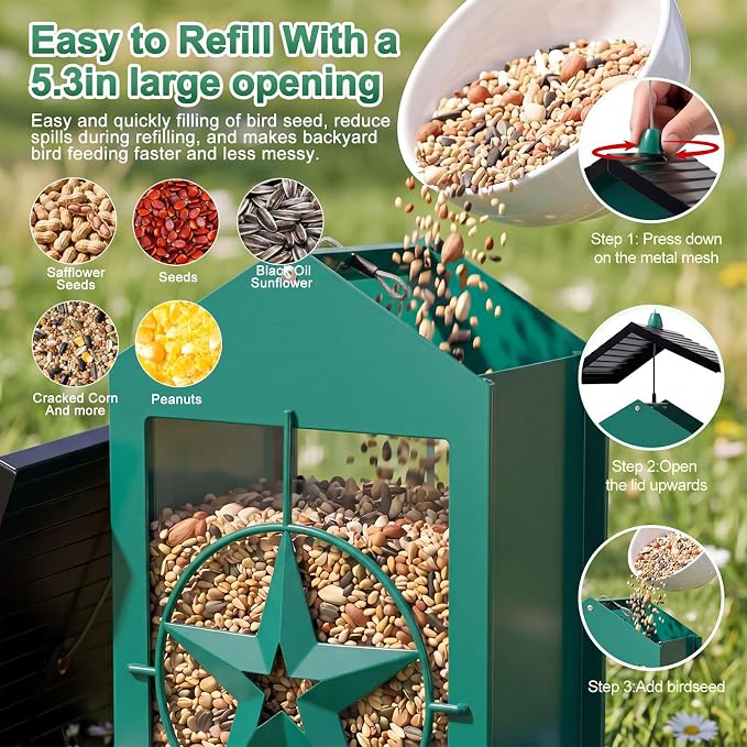 Squirrel Proof Bird Feeders for Outdoors with Weight-Activated, Metal 5LB Large Wild Bird Feeders for Cardinals,Blue Jay,Finch, Weatherproof Durable Hanging Bird Feeder for Backyard,Garden (Green)