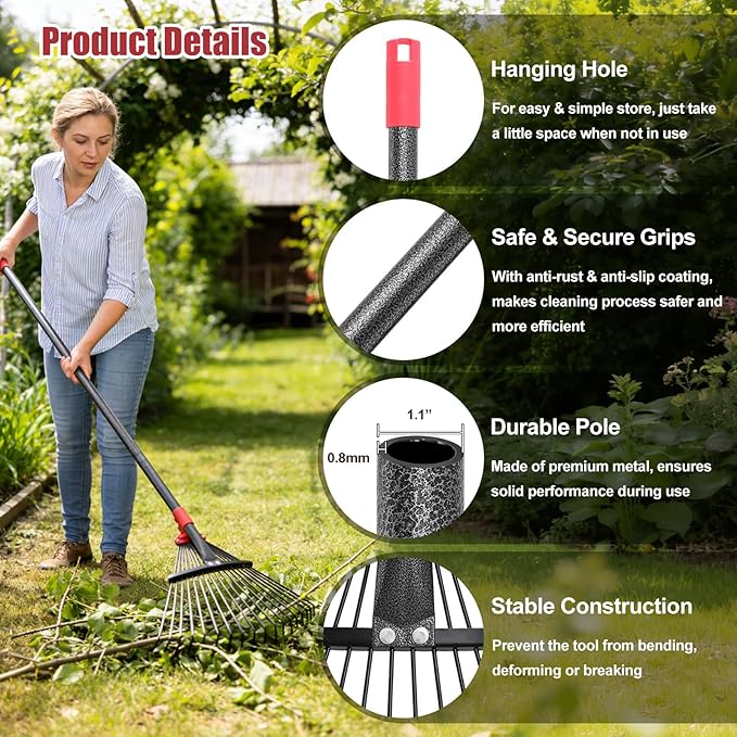 Garden Rake for Leaves: 55 Inch Adjustable Long Handle 18 Metal Tines with 8-17" Expandable Head Heavy Duty Metal Rake for Lawns Leaves Yard Grass Camping Debris
