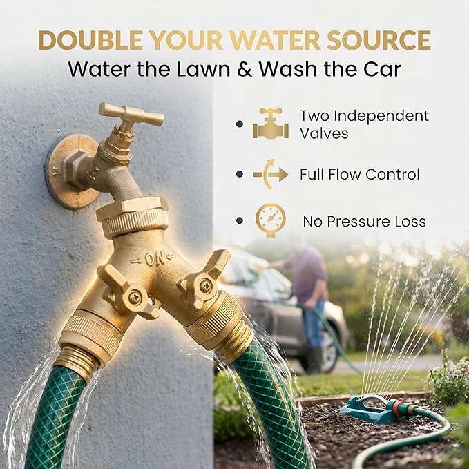 Morvat Brass Heavy-Duty Garden Hose Water Splitter | LEAD-FREE 2-Way Y Splitter for Water Spigot & Faucet | Manifold Connector ON/OFF Valves w/Improved Comfort Grip, 3 Extra Washers & Teflon Tape