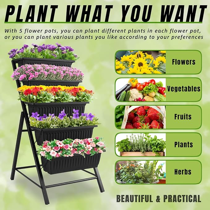 Homdox 3.74FT Vertical Garden Bed, 5 Tiers Vertical Raised Garden Planter, 23 * 26 * 45Inch Outdoor Garden Raised Bed with 4 Hooks, Vegetable Flower Planter Raised Stand for Garden Patio Yard, Black