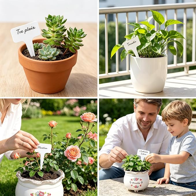 Whaline 100 Pcs Plastic Plant Labels White T-Type Garden Stake Tags Waterproof Plant Markers Reusable Plants Signs for Outdoor Indoor Nursery Potted Plants Seed with A Black Marker Pen (6 x 10 cm)
