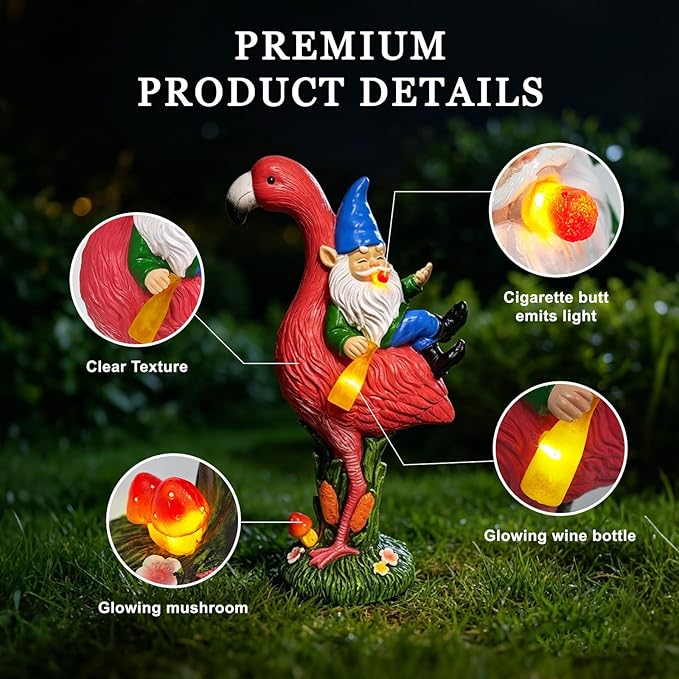 Solar Garden Gnome Riding Flamingo Sculpture with LED Light, Resin, Multicolor, Outdoor Yard Lawn Patio Decor