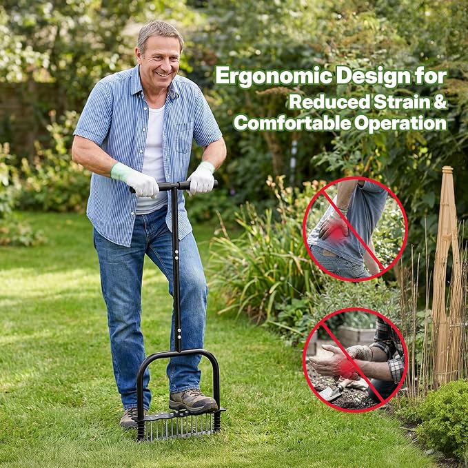 Manual Aerator Lawn Tool, Heavy Duty 35" Lawn Aerator Tool with T-Handle, 14 Spikes Automatic Rebound Aerating Tool, Anti-Clog Aerators Detachable Soil Aeration for Garden Lawn, Yard, Patio and Grass
