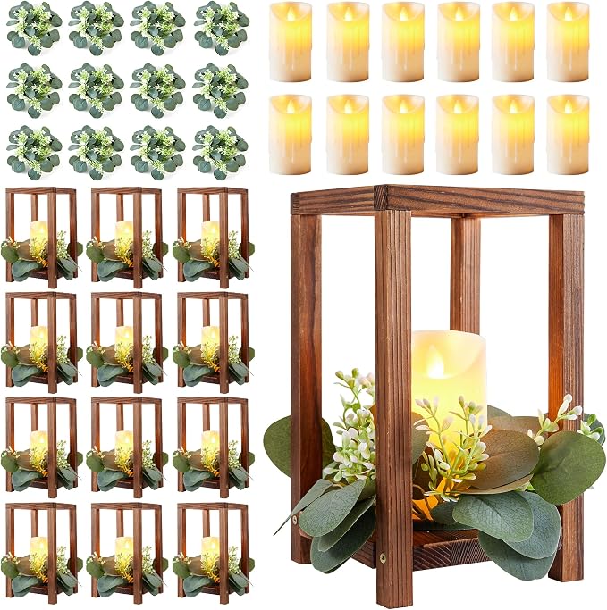 36 Pcs /12 Set Wooden Wedding Lantern Centerpiece-Wooden Candle Lantern Bulk Includes 12 Farmhouse Wooden Candle Holder 12 Flameless LED Candles 12 Eucalyptus Leaves Wreath for Decoration