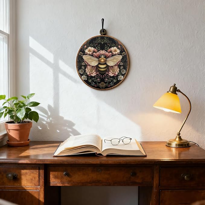 DOFQZ Vintage Boho Floral Bee Round Wall Art Decor, Dark Cottagecore Honeybee Framed Wall Art, Retro Botanical Art Deco Canvas Wall Hanging Decor for Home Bedroom Living Room, 10x10