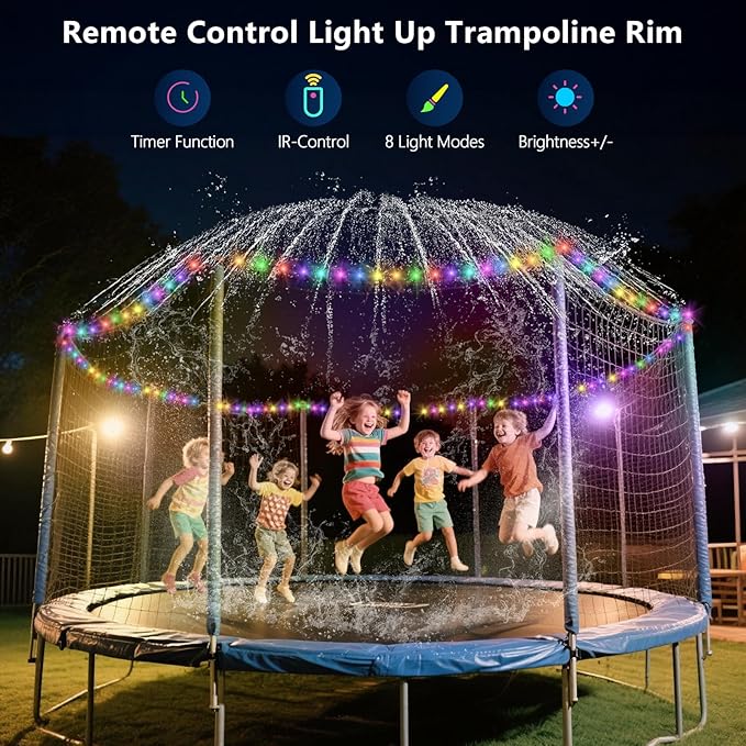 Trampoline Sprinkler with Lights - 16 Colors LED Trampoline Water Sprinkler, Remote Control Waterproof Sprinkler for Trampoline, Trampoline Water Accessories for 8-12FT