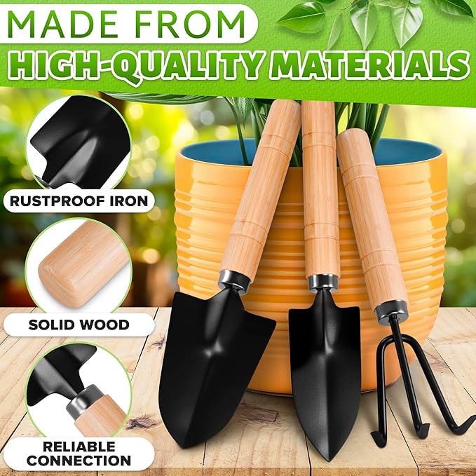 3 Pcs Mini Gardening Tools – Mini Garden Tools Set with Narrow Shovel, Wide Shovel & Hand Rake, Rustproof Metal Build, Ergonomic Wooden Handles – Potting & Transplanting Kit for Indoor Plant Care