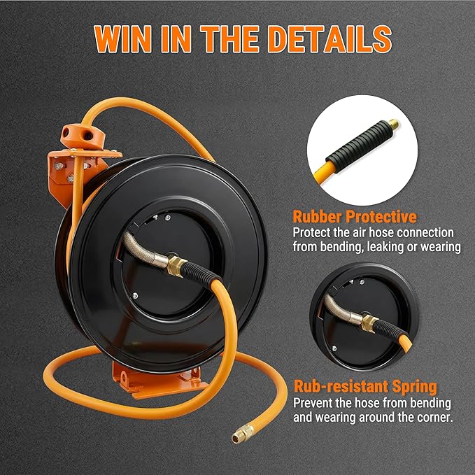 Retractable Air Hose Reel, 3/8" x 50FT Hybrid Air Hose, 300PSI Max, Auto-Rewind & Length-Lock, 1/4" NPT Fitting, Ceiling/Wall Mount Heavy Duty Single Arm Steel Reel for Workshop/Garage