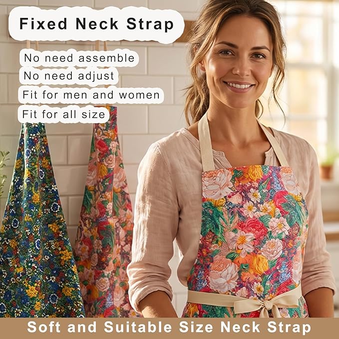 DILLMAN 2 Pack Floral Aprons with Pocket Blooming Womens Waterproof Adjustable Cooking Aprons Kitchen Gardening Salon