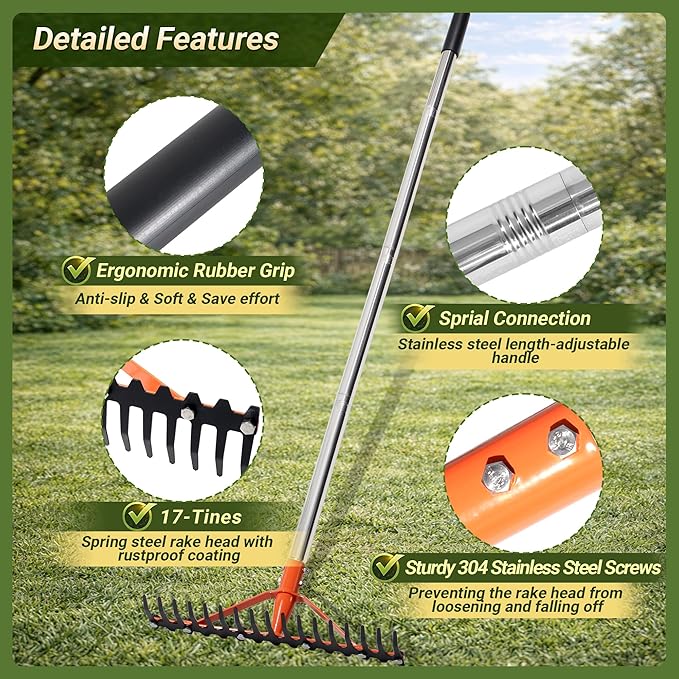 Garden Rake 17 Tempered Spring Steel Tines Heavy Duty Rake for Lawns Bow Rakes Metal Rakes with 62 Inch Stainless Steel Adjustable Long Handle for Loosening Soil Yard Work