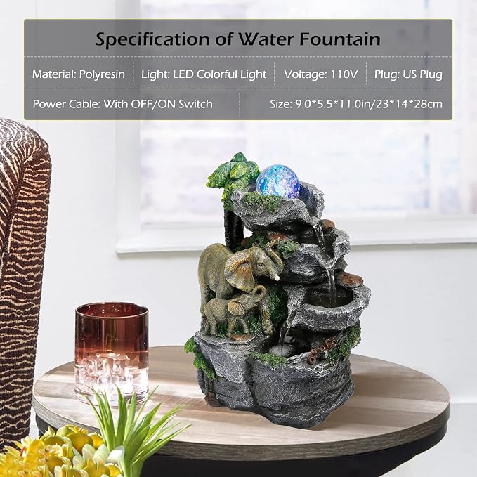 Dyna-Living Elephant Fountain Indoor Water Fountain, Tabletop Waterfall Fountain with Colorful LED Light and Rolling Ball Zen Water Feature Quiet Pump for Home Office Desk Decoration Gift